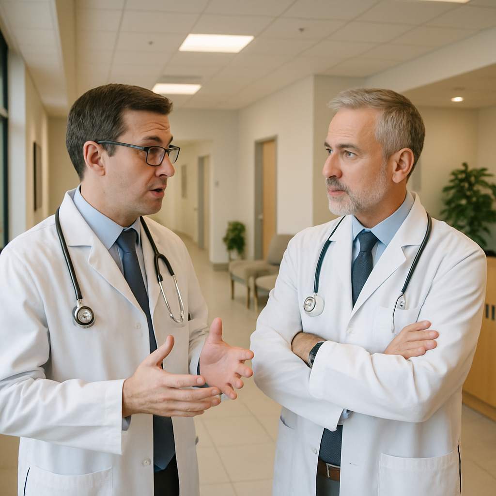 Doctor reviewing California healthcare HR compliance checklist with PEO advisor