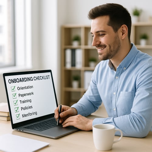 New employee at a desk checking off items on a digital onboarding checklist displayed on a laptop screen.