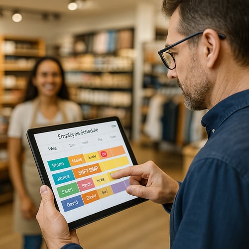 Manager viewing an automated shift schedule on a tablet, featuring color‑coded employee shifts, swap requests and overtime alerts in a busy retail setting
